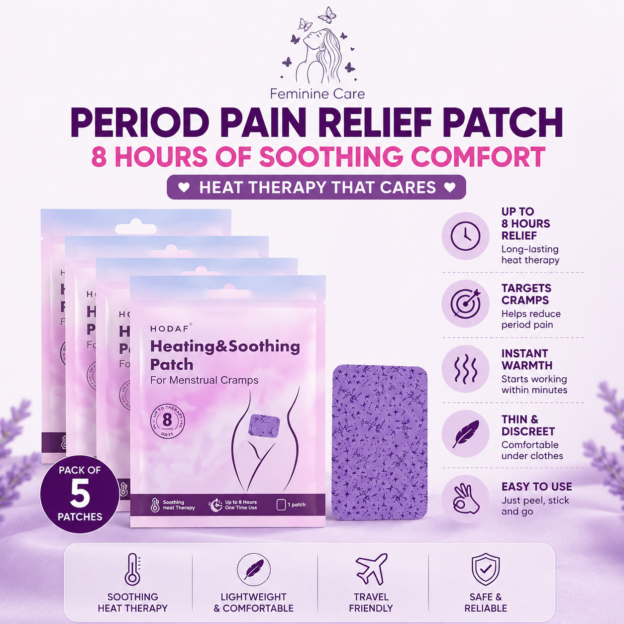 Period Pain Relief Patch (Pack of 5) | 8 Hour Heat Therapy for Cramps | Self Heating Patch